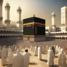 Create a historical scene of Mecca in ancient times, showcasing the architecture, people, and daily life