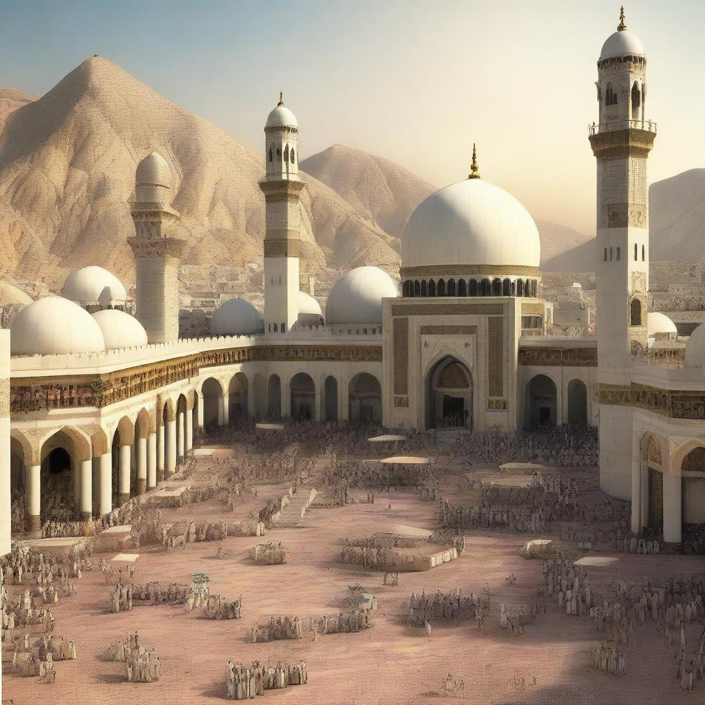 Create a historical scene of Mecca in ancient times, showcasing the architecture, people, and daily life