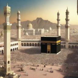 Create a historical scene of Mecca in ancient times, showcasing the architecture, people, and daily life