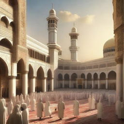 Create a historical scene of Mecca in ancient times, showcasing the architecture, people, and daily life