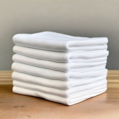 A stack of eight neatly folded cotton cleaning cloths arranged in a tower