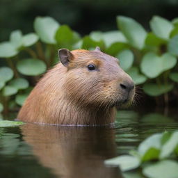 A detailed view of a capybara, also called carpincho, in its natural habitat, it's munching on some fresh green plants with a backdrop of a serene water body.