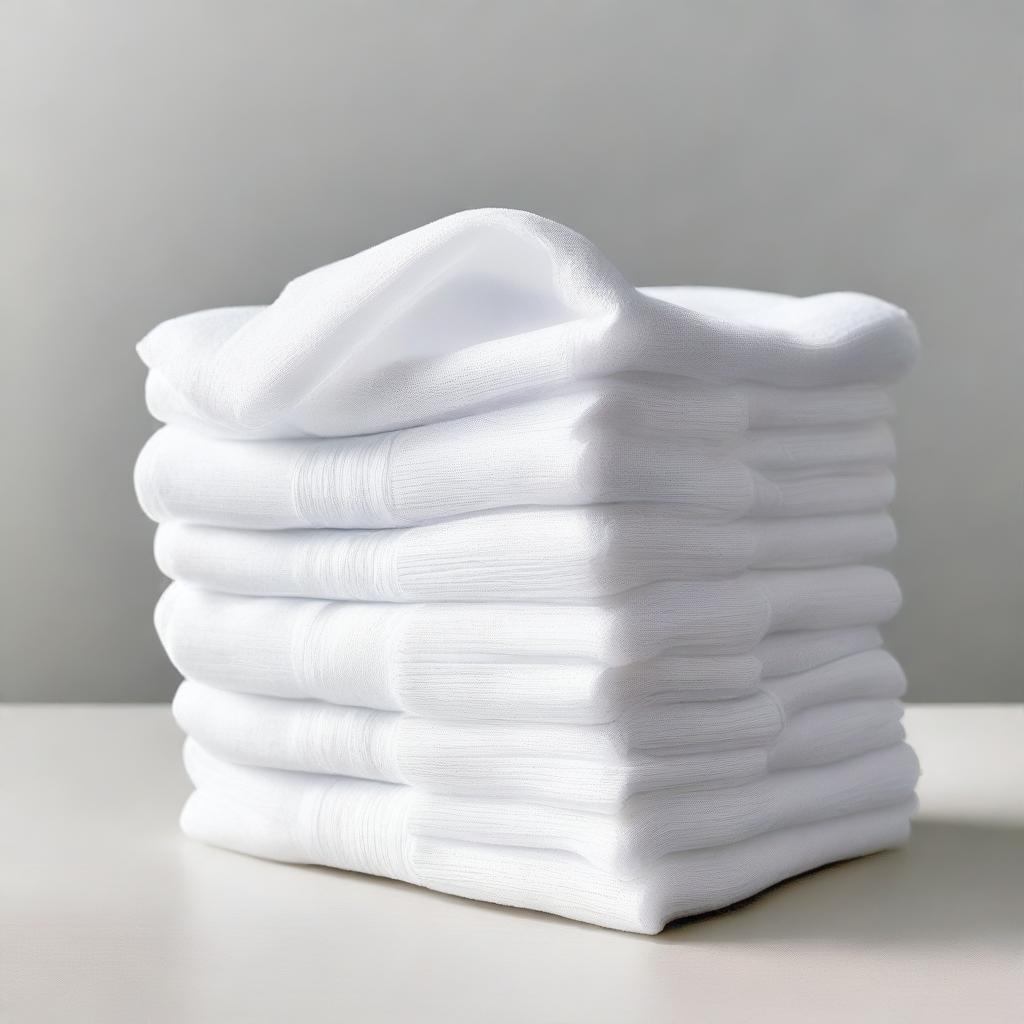 Eight white cotton cleaning cloths, neatly folded into a tower