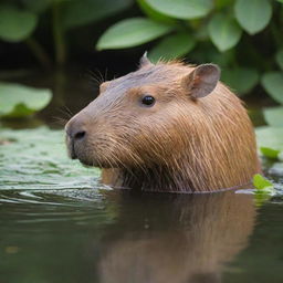 A detailed view of a capybara, also called carpincho, in its natural habitat, it's munching on some fresh green plants with a backdrop of a serene water body.