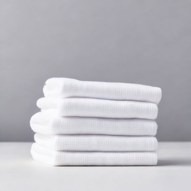 Four white cotton cleaning cloths with texture, neatly folded into a tower