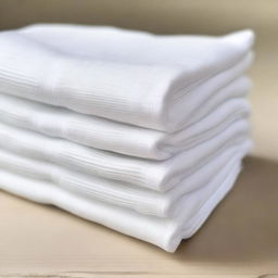 Four white cotton cleaning cloths with texture, neatly folded into a tower