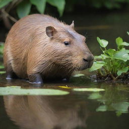 A detailed view of a capybara, also called carpincho, in its natural habitat, it's munching on some fresh green plants with a backdrop of a serene water body.