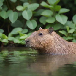 A detailed view of a capybara, also called carpincho, in its natural habitat, it's munching on some fresh green plants with a backdrop of a serene water body.