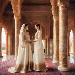 An image featuring a beautiful Shahazadi in a white royal dress and a strong Shahzada also in a white royal dress, looking at each other from opposite directions