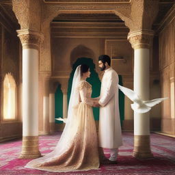 An image featuring a beautiful Shahazadi in a white royal dress and a strong Shahzada also in a white royal dress, looking at each other from opposite directions