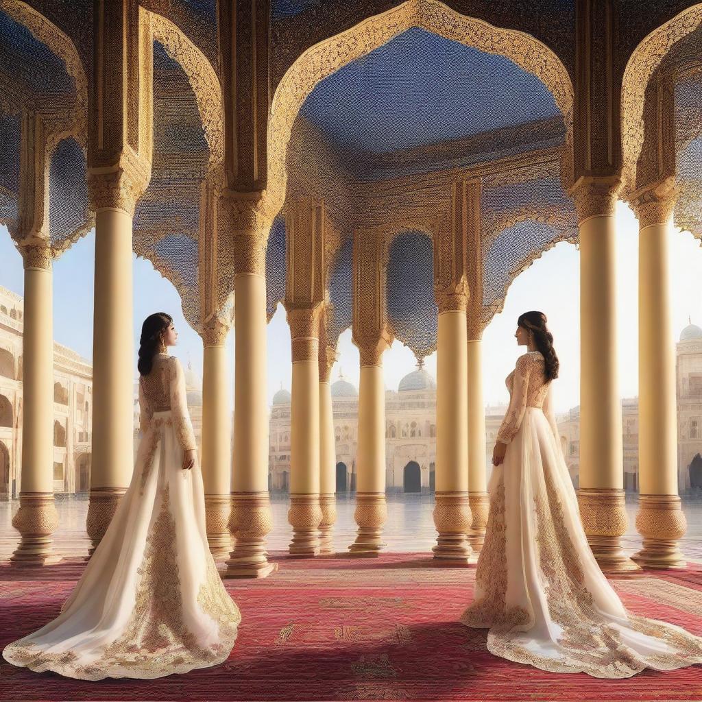 An image featuring a beautiful Shahazadi in a white royal dress and a strong Shahzada also in a white royal dress, looking at each other from opposite directions