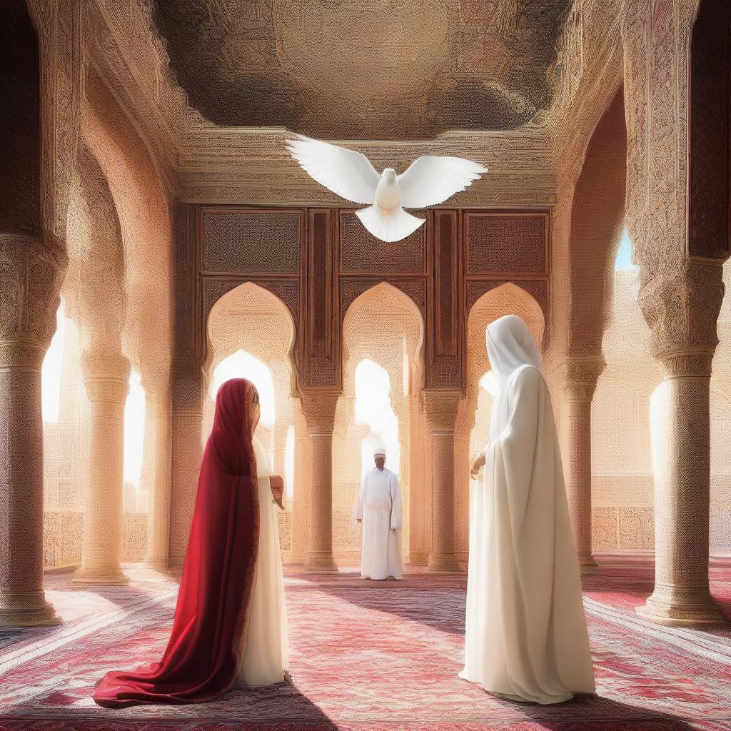 An image featuring a beautiful Shahazadi in a white royal burqa and a strong Shahzada in a white royal dress, looking at each other from opposite directions