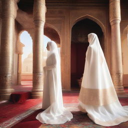 An image featuring a beautiful Shahazadi in a white royal burqa and a strong Shahzada in a white royal dress, looking at each other from opposite directions