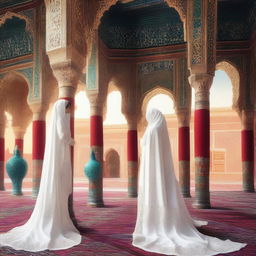 An image featuring a beautiful Shahazadi in a white royal burqa and a strong Shahzada in a white royal dress, looking at each other from opposite directions