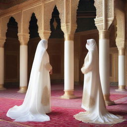 An image featuring a beautiful Shahazadi in a white royal burqa and a strong Shahzada in a white royal dress, looking at each other from opposite directions