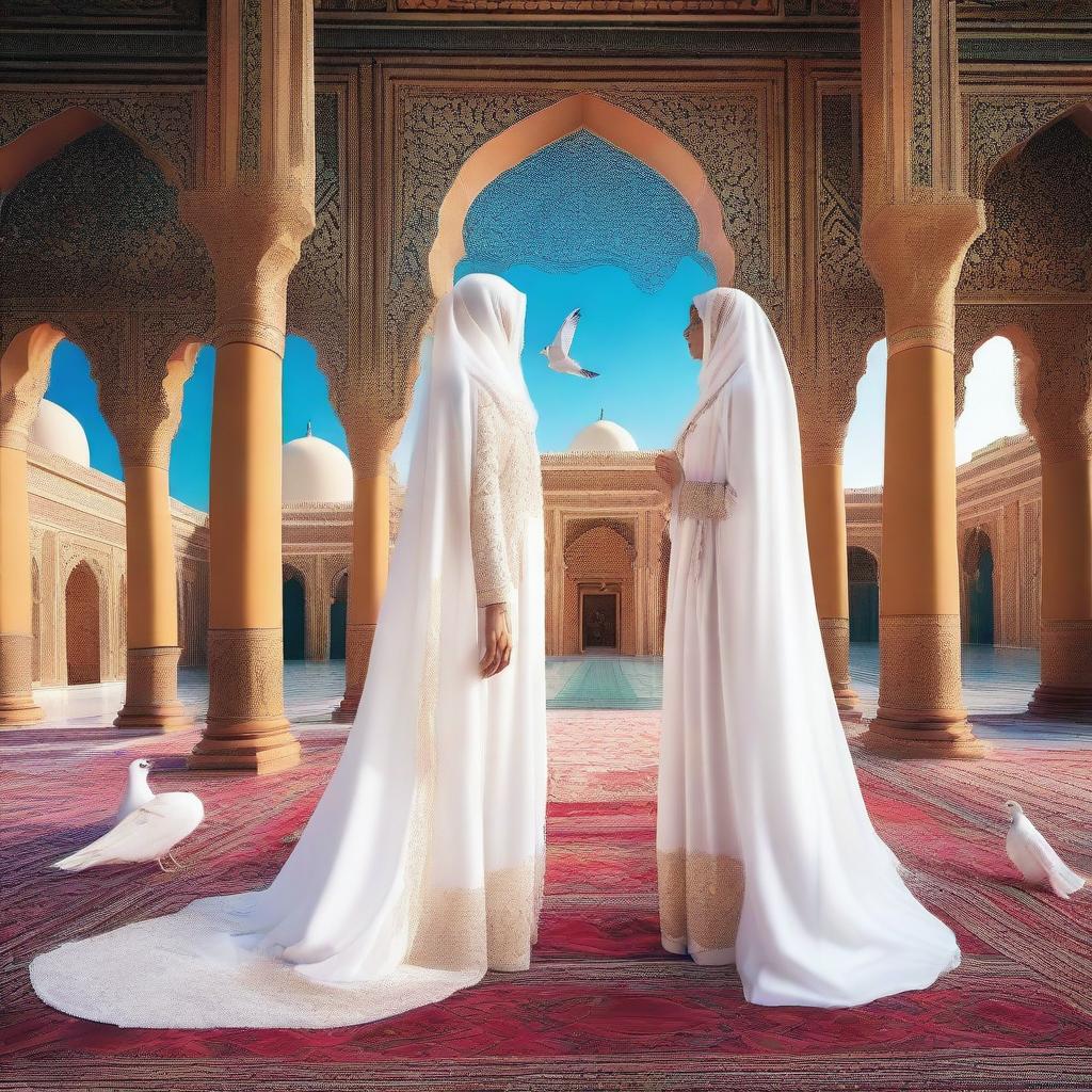 An image featuring a beautiful Shahazadi in a white royal burqa and a strong Shahzada in a white royal dress, looking at each other from opposite directions