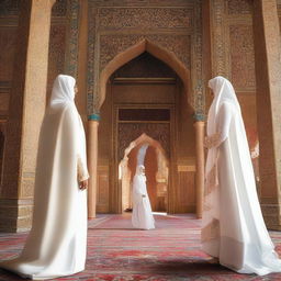 An image featuring a beautiful Shahazadi in a white royal burqa and a strong Shahzada in a white royal dress, looking at each other from opposite directions