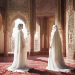 An image featuring a beautiful Shahazadi in a white royal burqa and a strong Shahzada in a white royal dress, looking at each other from opposite directions