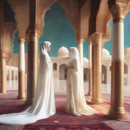 An image featuring a beautiful Shahazadi in a white royal burqa and a strong Shahzada in a white royal dress, looking at each other from opposite directions