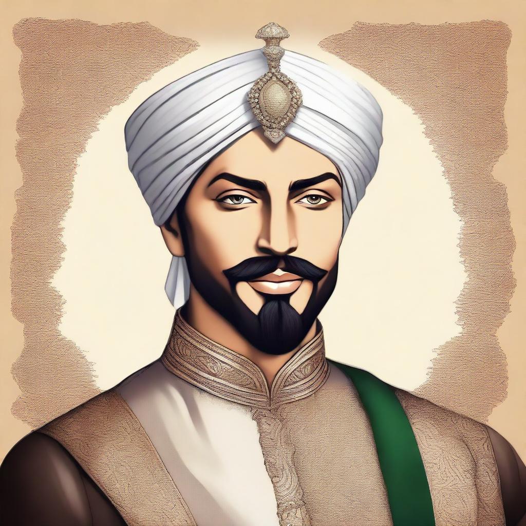 A beautiful and brave illustrated portrait of Prince Muhammad bin Tughlaq, showcasing his elegance and courage