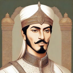 A beautiful and brave illustrated portrait of Prince Muhammad bin Tughlaq, showcasing his elegance and courage