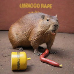 A red capybara crushing a yellow snake underfoot, with a backdrop featuring the label of the beverage 'Amargo Obrero'.