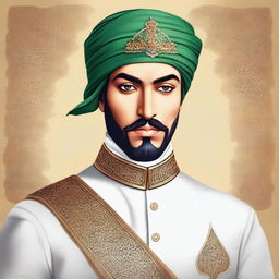 A beautiful and brave illustrated portrait of Prince Muhammad bin Tughlaq, showcasing his elegance and courage