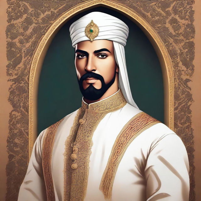 A beautiful and brave illustrated portrait of Prince Muhammad bin Tughlaq, showcasing his elegance and courage