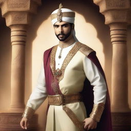 A beautiful and brave fantasy-style portrait of Prince Muhammad bin Tughlaq, showcasing his elegance and courage