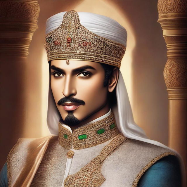 A beautiful and brave fantasy-style portrait of Prince Muhammad bin Tughlaq, showcasing his elegance and courage