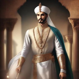 A beautiful and brave fantasy-style portrait of Prince Muhammad bin Tughlaq, showcasing his elegance and courage