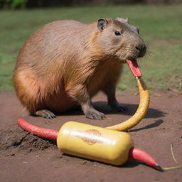 A red capybara crushing a yellow snake underfoot, with a backdrop featuring the label of the beverage 'Amargo Obrero'.