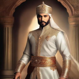 A beautiful and brave fantasy-style portrait of Prince Muhammad bin Tughlaq, showcasing his elegance and courage, but with a realistic human appearance