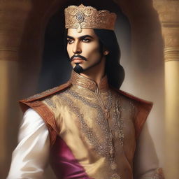 A beautiful and brave fantasy-style portrait of Prince Muhammad bin Tughlaq, showcasing his elegance and courage, but with a realistic human appearance