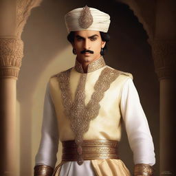 A beautiful and brave fantasy-style portrait of Prince Muhammad bin Tughlaq, showcasing his elegance and courage, but with a realistic human appearance