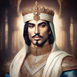 A beautiful and brave fantasy-style portrait of Prince Muhammad bin Tughlaq, showcasing his elegance and courage, but with a realistic human appearance