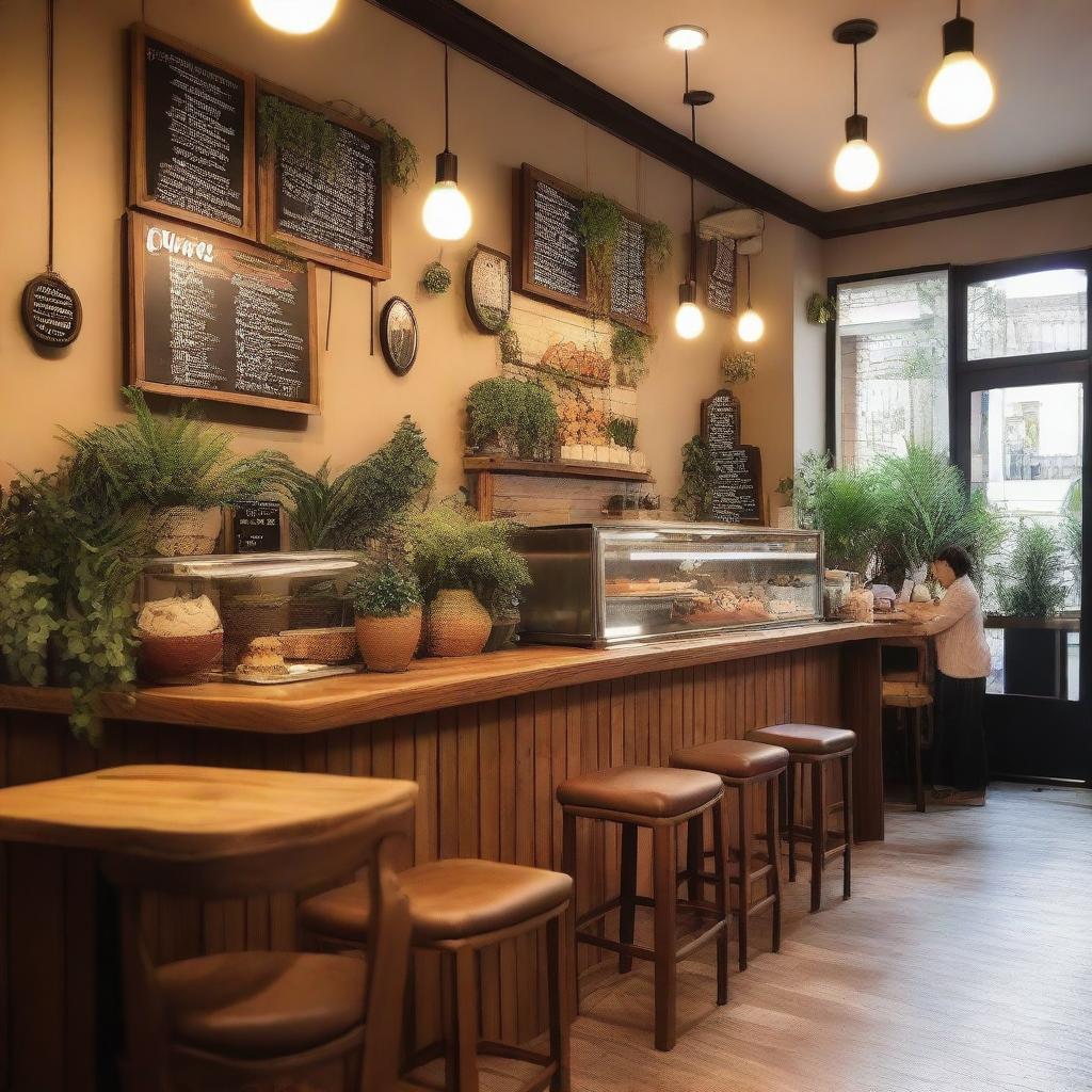 A charming and cozy café named 'Café do Destino' with a warm, inviting atmosphere