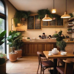 A charming and cozy café named 'Café do Destino' with a warm, inviting atmosphere