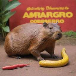 A red capybara crushing a yellow snake underfoot, with a backdrop featuring the label of the beverage 'Amargo Obrero'.