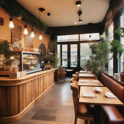 A charming and cozy café named 'Café do Destino' with a warm, inviting atmosphere