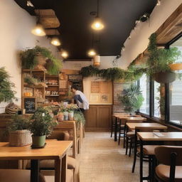 A charming and cozy café named 'Café do Destino' with a warm, inviting atmosphere