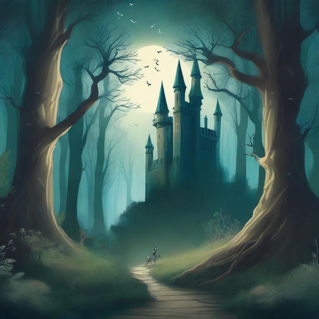 A captivating book cover featuring a mystical forest with a hidden path leading to an ancient castle