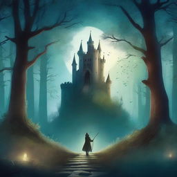 A captivating book cover featuring a mystical forest with a hidden path leading to an ancient castle