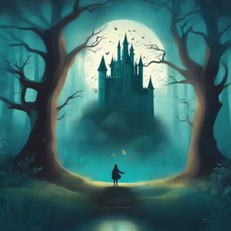 A captivating book cover featuring a mystical forest with a hidden path leading to an ancient castle