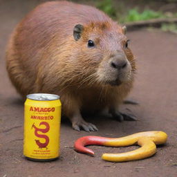 A red capybara crushing a yellow snake underfoot, with a backdrop featuring the label of the beverage 'Amargo Obrero'.