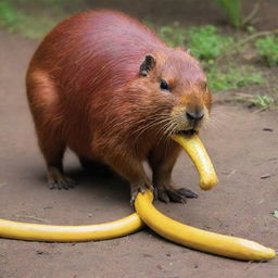 A cartoonish image of a red capybara comically crushing a yellow snake under its foot.