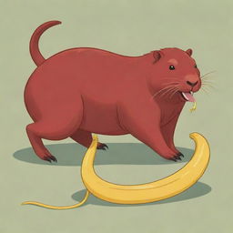 A cartoonish image of a red capybara comically crushing a yellow snake under its foot.