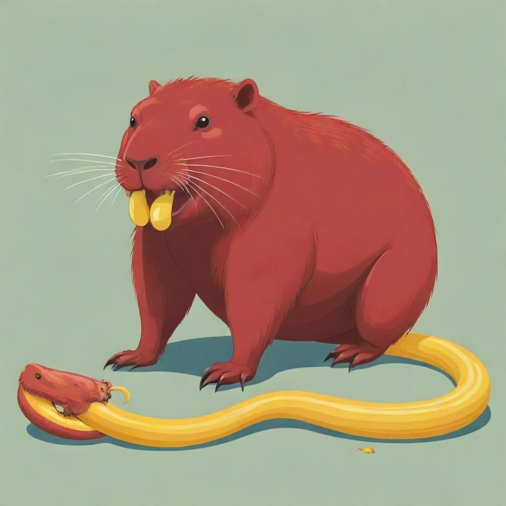 A cartoonish image of a red capybara comically crushing a yellow snake under its foot.