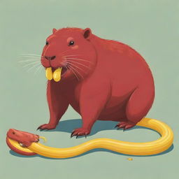 A cartoonish image of a red capybara comically crushing a yellow snake under its foot.