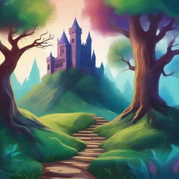 Create a captivating book cover featuring a mysterious forest with a winding path leading to an ancient castle